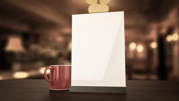 Ständer für Booklets weiße Blatt Papier Acryl Tischzeltkarten-Attrappe auf Holz mit Tasse Kaffee unscharfen Hintergrund rendern — Stockfoto