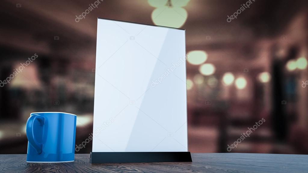 Stand for booklets white sheets of paper acrylic table tent card mockup on wooden with cup coffee blurred background render