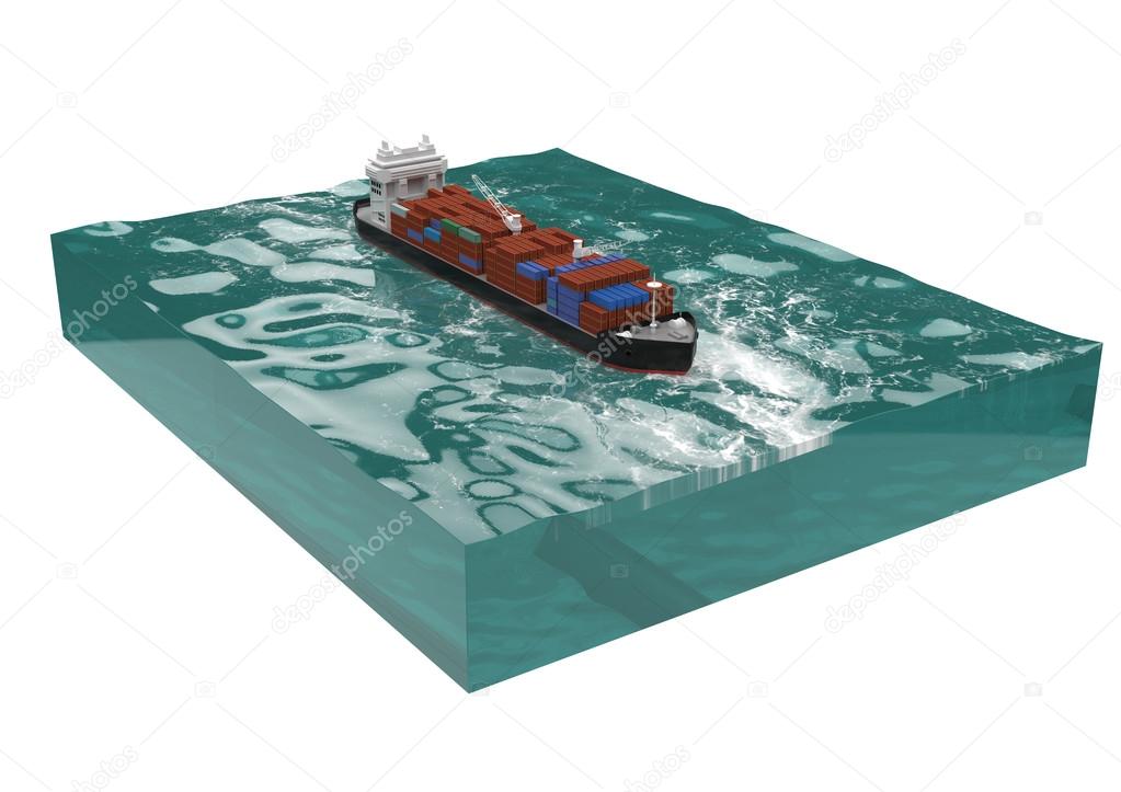 container cargo ship on section of sea, water carriage and maritime transport, Ship, boat, vessel, render for infographic. isolated