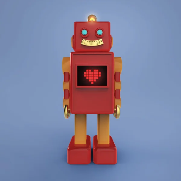 Red cute vintage robot with shiny light bub and screen  pixel heart icon. render isolated — Stock Photo, Image