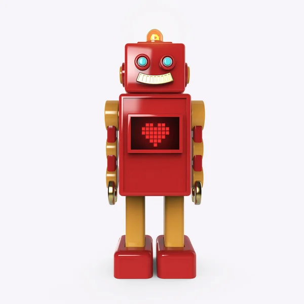 红色可爱的复古机器人与闪亮光小家伙和屏幕像素的心的图标。孤立的渲染 — 图库照片