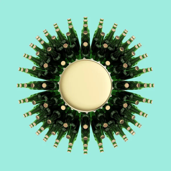 Sfera fatta di bottiglie di birra verde isolate su sfondo smeraldo. modello di poster evento musicale. rendering — Foto Stock