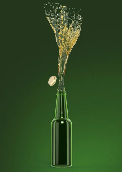 Bottiglia di birra verde con flusso bevanda fresca e tappo fuori resa isolata — Foto Stock