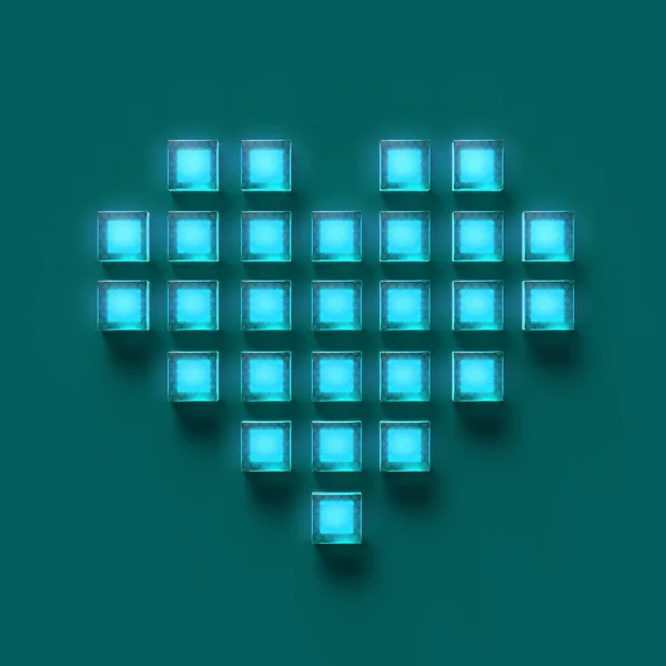 Serce się błyszczący rozjarzony szkło kostki pikseli, gier, miłość bacground renderowania — Zdjęcie stockowe