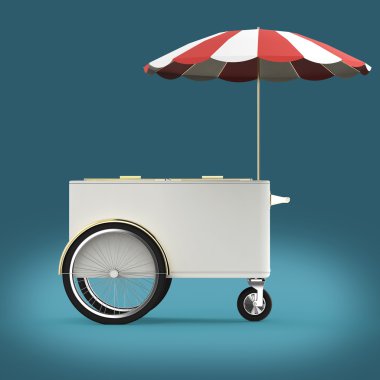 Promotion counter on wheels with umbrella, food, ice cream, hot dog push cart Retail Trade Stand Isolated  render