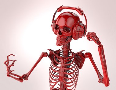Red shiny plastic skeleton in big earphones posing isolated on light background. rendering party poster template