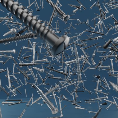 black and silver screws chaotically floating air in front of blue background. workshop, creativity poster template, high quality render.