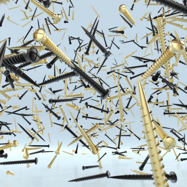 black and silver screws chaotically floating air in front of blue background. workshop, creativity poster template, high quality render.