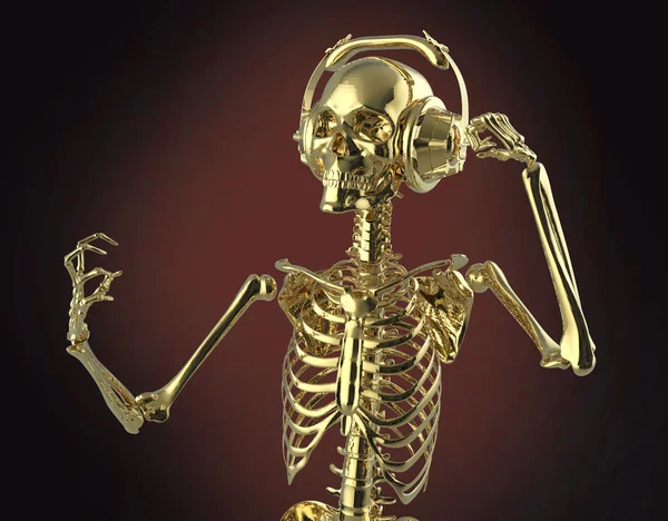 Golden shiny metal skeleton in big earphones posing, isolated on dark background. rendering party poster template