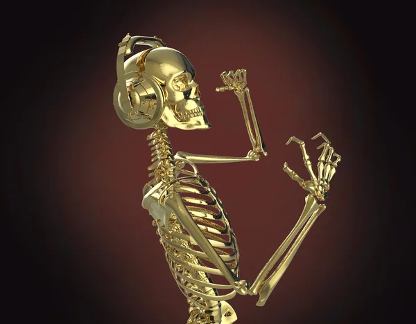 Golden shiny metal skeleton in big earphones posing, isolated on dark background. rendering party poster template — Zdjęcie stockowe