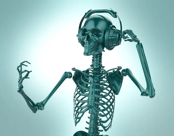 Green shiny plastic skeleton in big earphones posing isolated on light background.  rendering party poster template — Zdjęcie stockowe