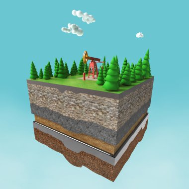 pump jack on small slice earth with trees, clouds, layers soil stone and oil. gas rig energy industrial machine for petroleum. render isolated. infographic.
