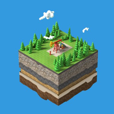 pump jack on small slice earth with trees, clouds, layers soil stone and oil. gas rig energy industrial machine for petroleum. render isolated. infographic.