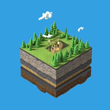 pump jack on small slice earth with trees, clouds, layers soil stone and oil. gas rig energy industrial machine for petroleum. render isolated. infographic.