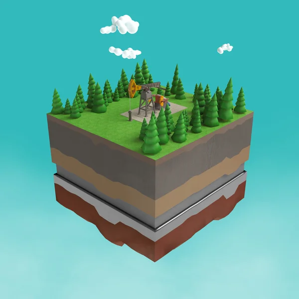 Pump jack on small slice earth with trees, clouds, layers soil stone and oil. gas rig energy