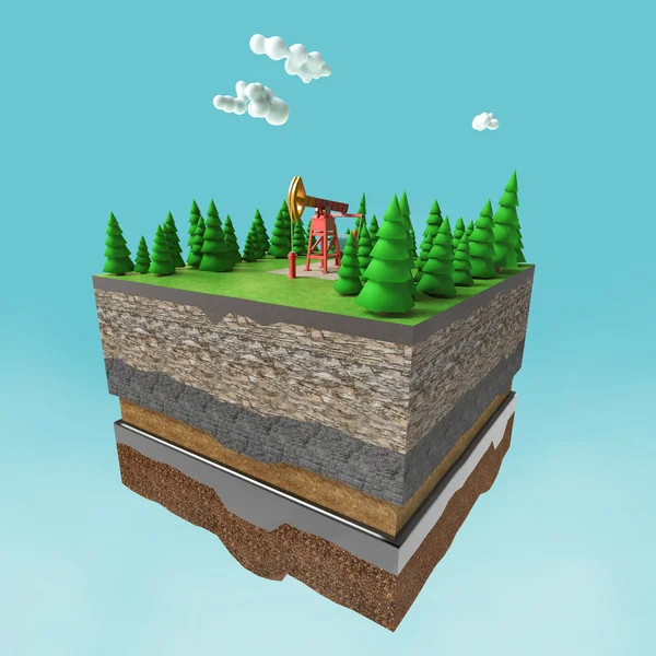 Pump jack on small slice earth with trees, clouds, layers soil stone and oil. gas rig energy industrial machine for petroleum. render isolated. infographic. — Stockfoto