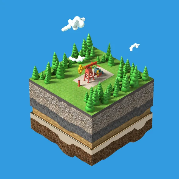 Pump jack on small slice earth with trees, clouds, layers soil stone and oil. gas rig energy