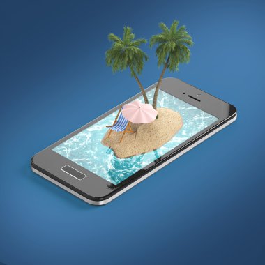 tropik ada Resort mavi deniz okyanus su, kum plaj ve palmiye ağaçları smartphone ekranında seyahat, turizm tatil tatil online rezervasyon kavramı ile render 