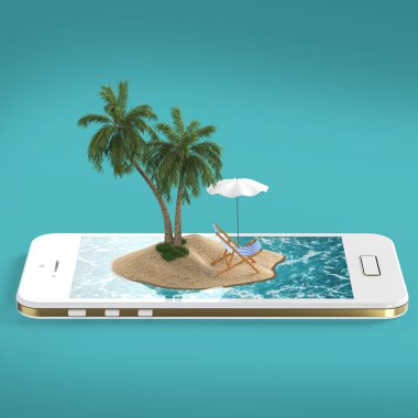 tropik ada Resort mavi deniz okyanus su, kum plaj ve palmiye ağaçları smartphone ekranında seyahat, turizm tatil tatil online rezervasyon kavramı ile render 