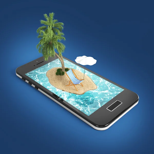 Візуалізація курорту тропічного острова з блакитною морською водою, піщаним пляжем і пальмами на екрані смартфона Подорожі, туристичні канікули онлайн концепція бронювання — стокове фото