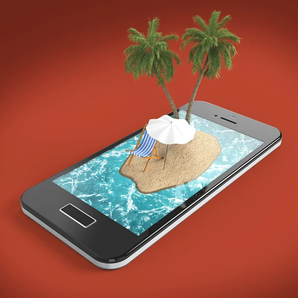 Tropik ada Resort mavi deniz okyanus su, kum plaj ve palmiye ağaçları smartphone ekranında seyahat, turizm tatil tatil online rezervasyon kavramı ile render — Stok fotoğraf