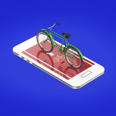 Zarif vintage bisiklet yolu, dijital fitness spor Bisiklet Kiralama app metafor ile akıllı telefon dokunmatik ekran üzerinde. izole render