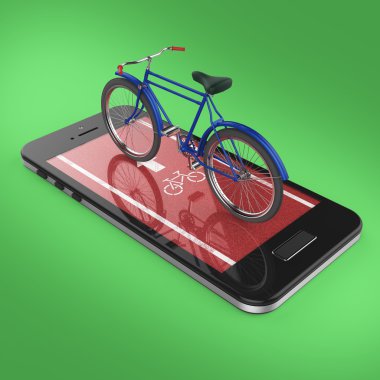 Zarif vintage bisiklet yolu, dijital fitness spor Bisiklet Kiralama app metafor ile akıllı telefon dokunmatik ekran üzerinde. izole render