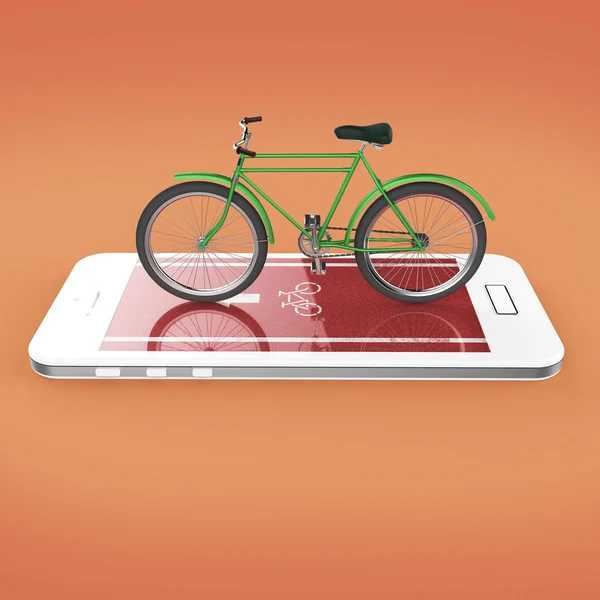 Elegante bicicleta vintage en la pantalla táctil del teléfono inteligente con la metáfora de la aplicación de alquiler de bicicletas deportivas de fitness digital. renderizar aislado — Foto de Stock