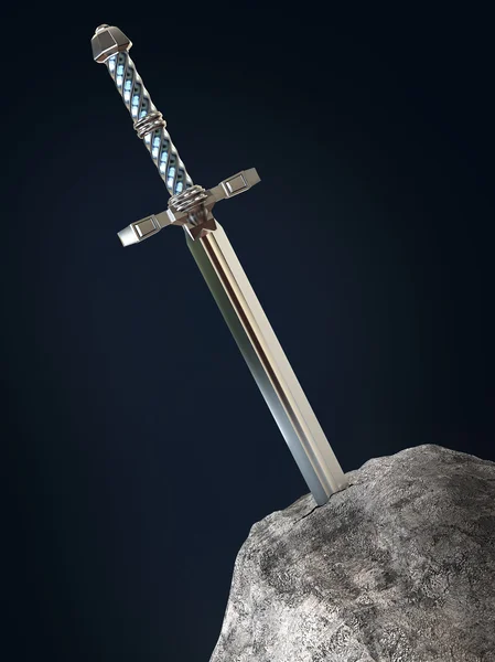 Miecz Excalibur Król Artur zatrzymany w kamień Rock na białym tle renderowania. metafora kandydata do egzaminu kandydat — Zdjęcie stockowe