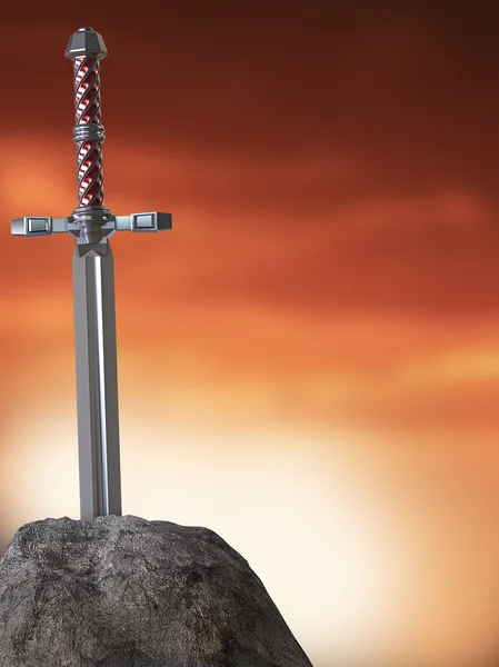 Kard Excalibur Arthur király ragadt a kőzet izolált teszi. a pályázó pályázó tesztjének metaforája — Stock Fotó