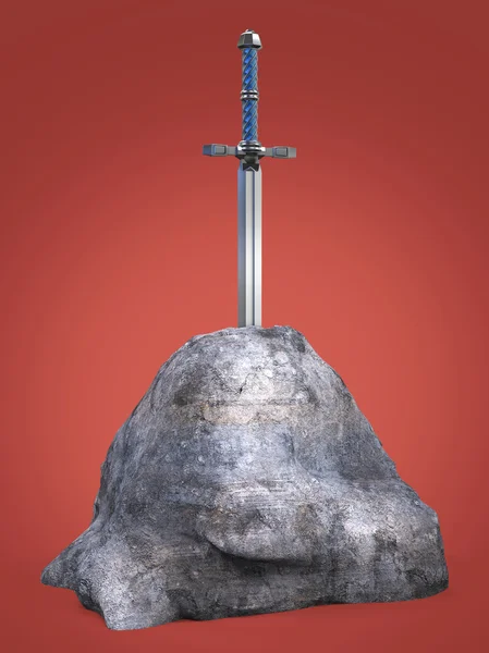 Sword excalibur  King Arthur stuck in the rock stone isolated render. metaphor of candidate applicant test — Stock Photo, Image