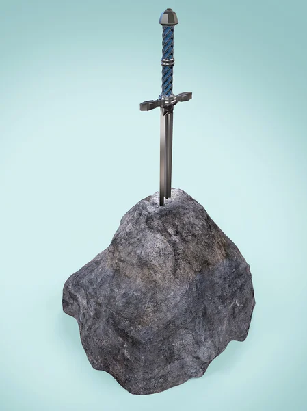 剣エクスカリバーキングアーサーは、岩石孤立したレンダリングに立ち往生。候補者志願者テストの比喩 — ストック写真