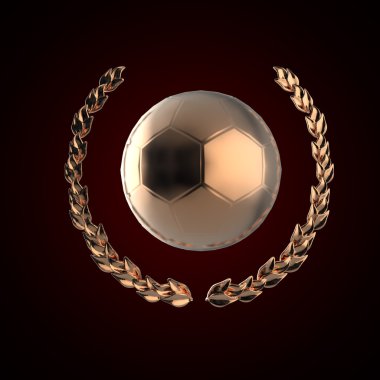 Altın futbol topu koyu arka plan izole defne çelenk ile çevrili. futbol ödülü render
