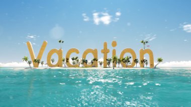 palmiye ağaçları bir güneş çadırları ile tropikal cennet adada kelime tatil render. okyanusta yelken tekne.