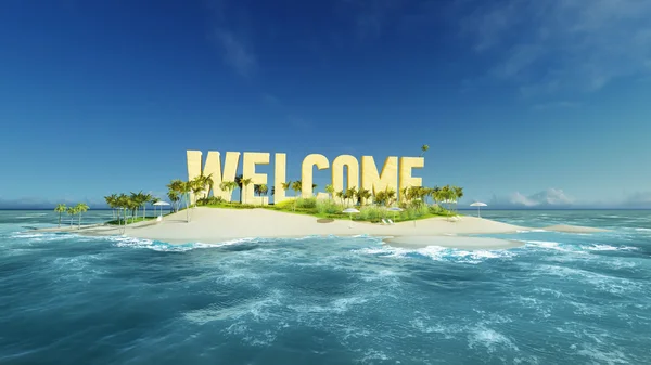 Render word welcome made of sand on tropical paradise island with palm trees an sun tents. Summer vacation tour concept. — Stock Photo, Image