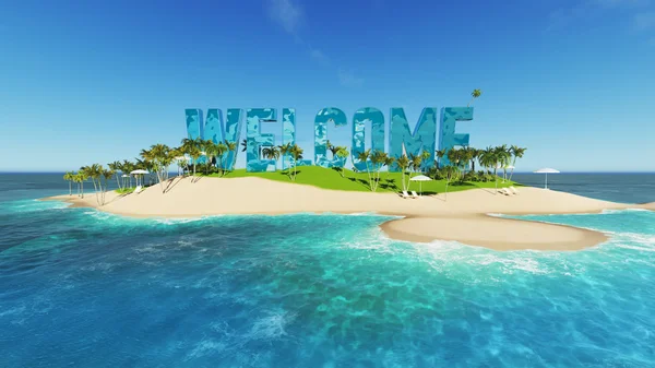 Render word welcome made of sand on tropical paradise island with palm trees an sun tents. Summer vacation tour concept. — Stock Photo, Image