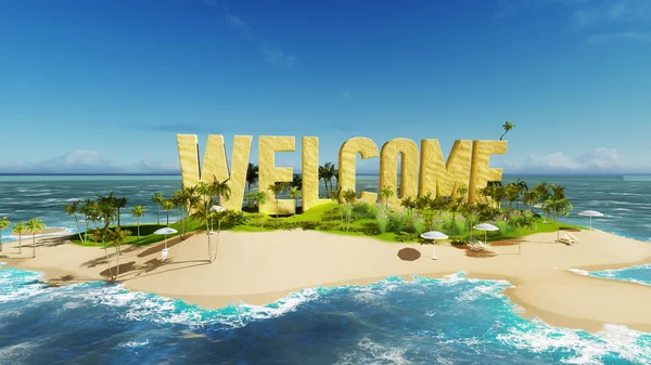 Rendez le mot de bienvenue fait de sable sur une île tropicale paradisiaque avec des palmiers et des tentes solaires. Voyage vacances d'été concept . — Photo