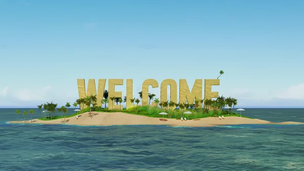 Återge ordet Välkommen gjord av sand på tropiska paradisön med palmer och sol tält. Sommarsemester Tour Concept. — Stockfoto