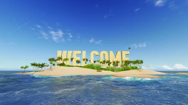Je to slovo vítané z písku na ostrově tropického ráje s palmami, které mají sluneční stany. Koncepce prázdninových výletů. — Stock fotografie