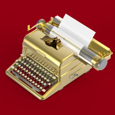 kırmızı arka plan üzerinde izole kağıt isometrik render levha ile altın vintage daktilo. Şiir, edebiyat, kopya yazma, hikaye anlatma metaforu.