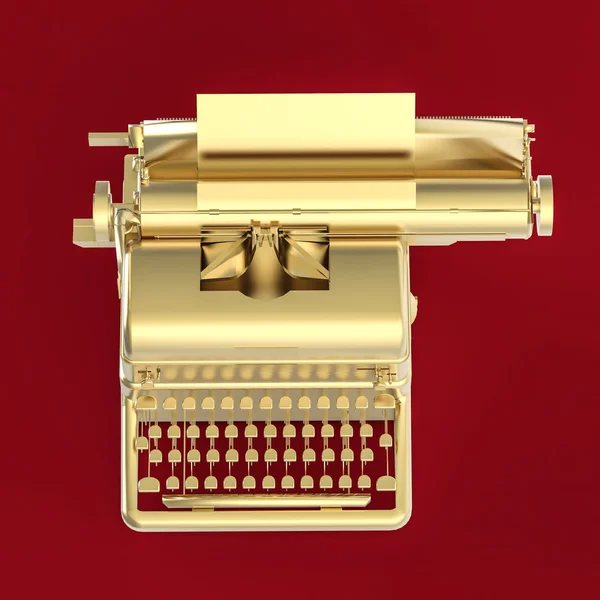 Machine à écrire vintage dorée avec feuille de papier rendu isométrique isolé sur fond rouge. Poésie, littérature, rédaction, métaphore narrative . — Photo