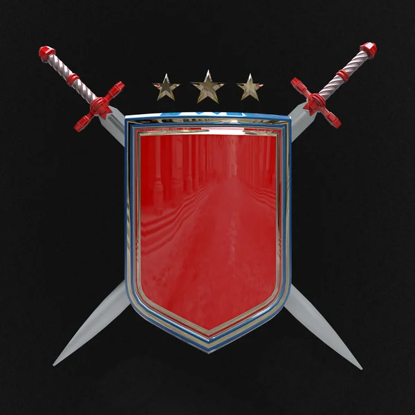 Чистий блискучий металевий щит і два схрещені мечі ізольовані. відображене зображення — стокове фото