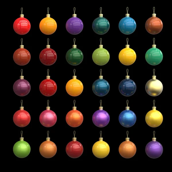 Boules de Nouvel An colorées de Noël faites de différents matériaux isolés sur noir. Or, plastique, métal, peinture de voiture, peinture métallique. rendu — Photo