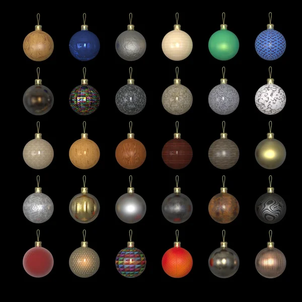 Bolinhas coloridas de Natal ano novo feitas de diferentes materiais isolados em preto. Ouro, plástico, metal, pintura de carro, tinta metálica. renderizar — Fotografia de Stock