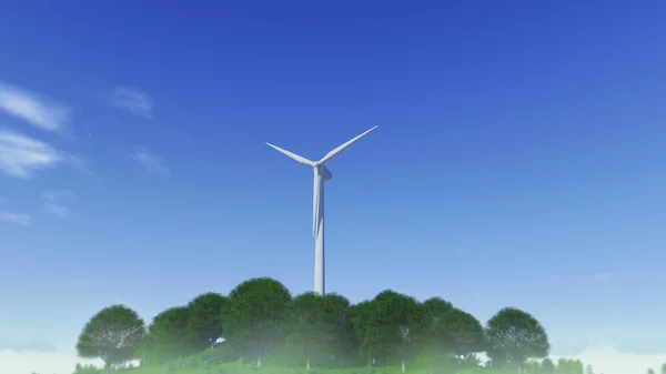 Generador de energía del molino de viento en la parte superior de la colina cubierta de árboles, contra el cielo azul profundo. representación —  Fotos de Stock
