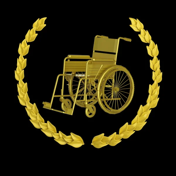 Shiny metal wheelchair surrounded with laurel wreath achievement badge rendering — Stock Photo, Image