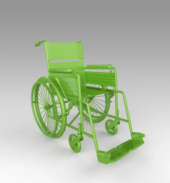 Błyszczący, błyszczący, złoty metalowy wózek inwalidzki na jasnym tle renderowania. — Zdjęcie stockowe