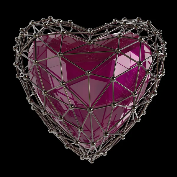 Cristal faible poly coeur brillant dans la cage en forme de coeur tableau atome. Noces et Saint Valentin concept — Photo