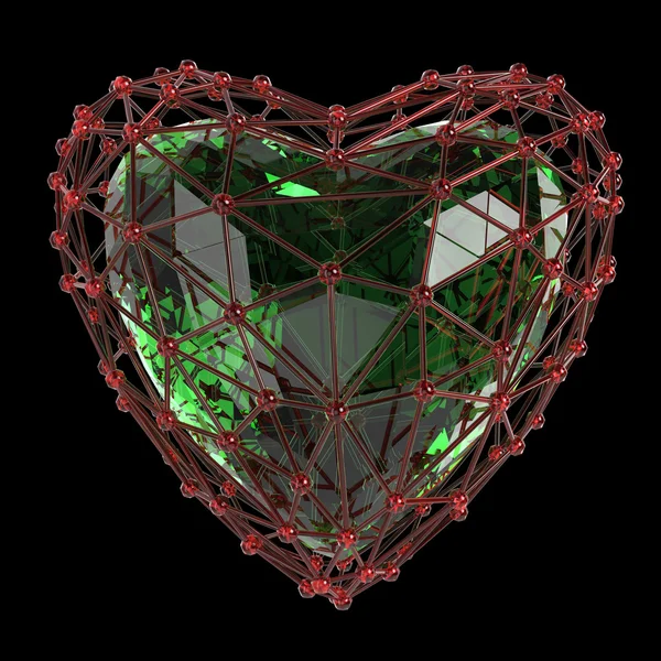 Crystal low poly shiny heart in atom array heart-shaped cage. Wedding and valentines day concept — Stock Photo, Image