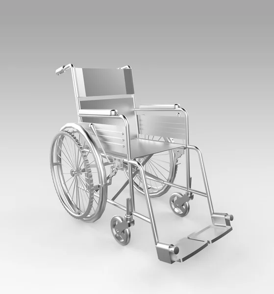 Glossy shiny golden metal wheelchair isolated on light background rendering. — Stock Photo, Image